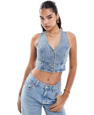 Levi's Mona denim corset crop top in mid blue