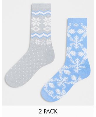 Lindex 2 pack fair isle pattern cosy socks in blue and grey-Multi