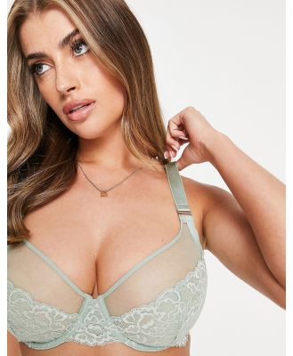 Lindex Fuller Bust Emelie Attract non padded lace plunge bra with sheer insert in soft sage-Blue