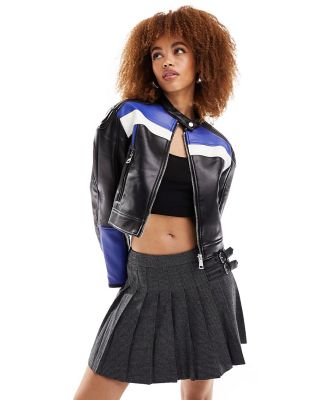 Lioness leather look biker jacket in black and blue stripe-Multi