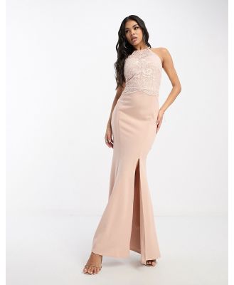 Lipsy halterneck maxi dress with lace detail in light pink