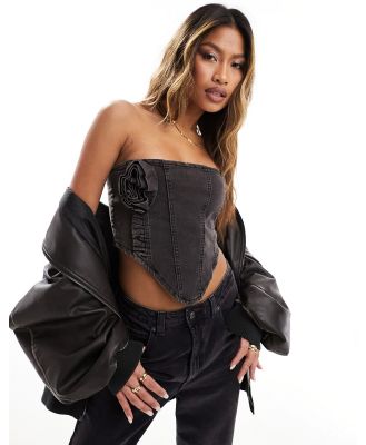 Liquor N Poker denim corset with rose corsage in washed black (part of a set)