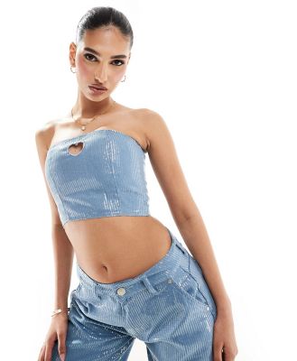 Liquor N Poker denim cropped bandeau corset top with sequins in blue (part of a set)