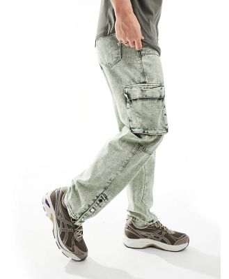 Liquor N Poker relaxed cargo pants in acid wash khaki (part of a set)-Green