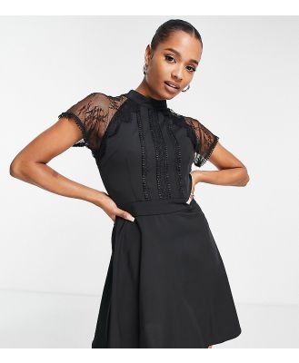 Liquorish Petite embellished front a line mini dress with sheer lace detail sleeves-Black