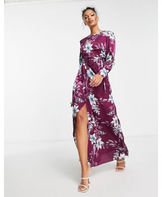Liquorish satin modest maxi dress in wine placement floral-Red