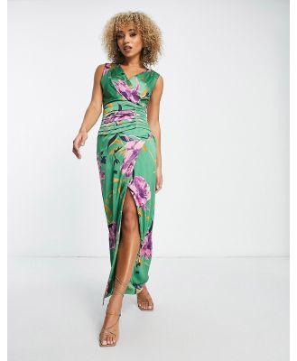 Liquorish satin wrap front maxi dress in overscale green and purple floral-Multi