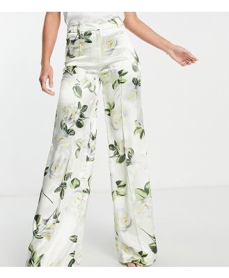 Liquorish Tall satin tailored pants with white rose print in green (part of a set)-Multi
