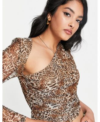Lola May cut out front ruched mesh crop top in brown leopard print-Multi