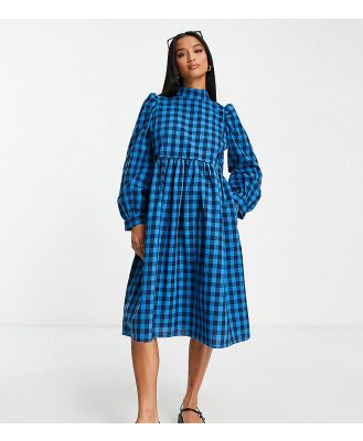 Lola May Petite high neck smock dress in blue check