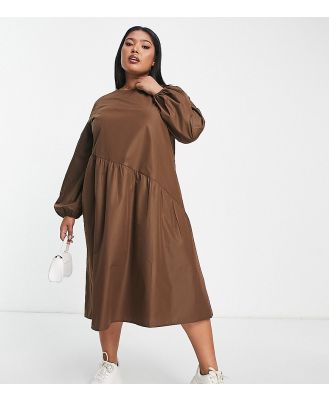 Lola May Plus oversized smock dress with asymmetric seam detail in chocolate brown