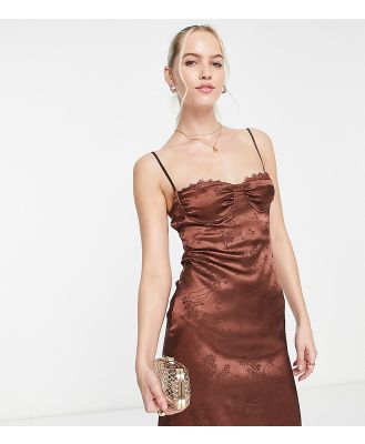 Lola May Tall satin jacquard mini dress with strappy back in chocolate brown