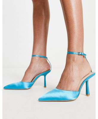 London Rebel ankle strap pointed stiletto heeled shoes in blue satin-Green