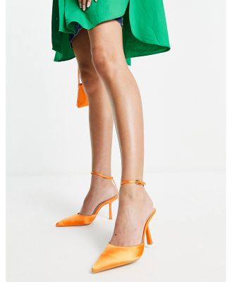 London Rebel ankle strap pointed stiletto heeled shoes in orange satin