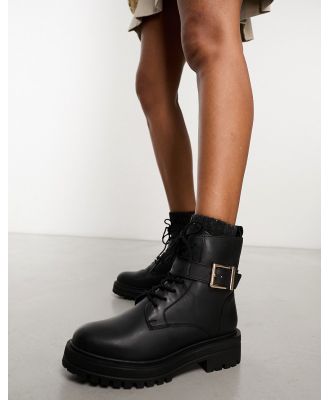 London Rebel Leather buckle lace up boots in black