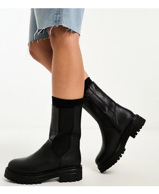 London Rebel Leather Wide Fit chunky chelsea boots in black
