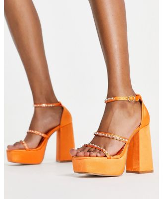 London Rebel mega platform embellished heeled sandals in orange satin