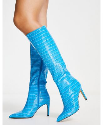 London Rebel pointed stiletto knee boots in blue croc