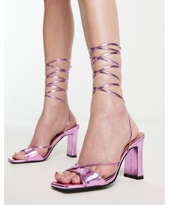 London Rebel spaghetti strap tie leg heeled sandals in pink metallic