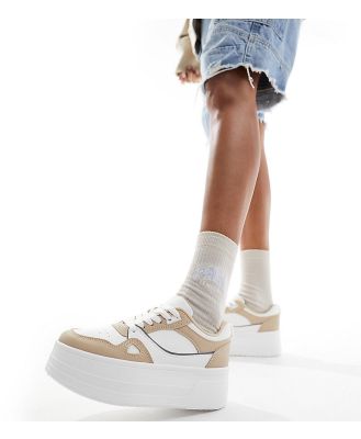London Rebel Wide Fit chunky panelled flatform sneakers in white and beige