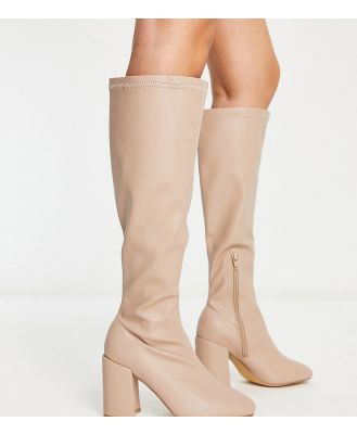 London Rebel Wide Fit over-the-knee sock boots in cream-White