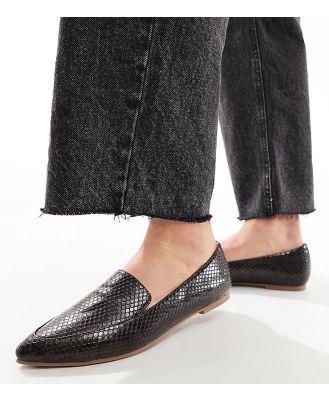 London Rebel Wide Fit pointed flat loafers in snake-Brown
