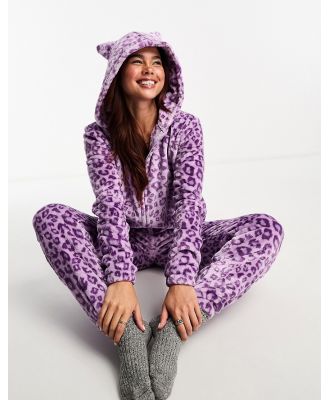 Loungeable fleece leopard print all in one in purple
