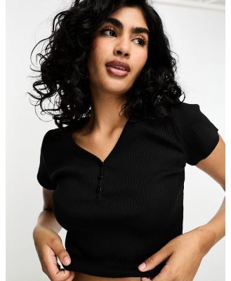 Loungeable jersey button up short sleeve top in black