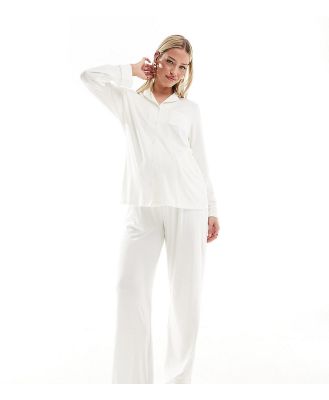 Loungeable Maternity soft touch long pyjama set in cream-White