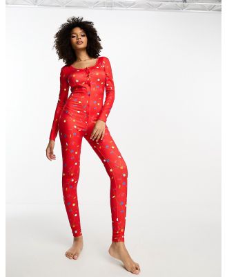 Loungeable pyjama jumpsuit with fairy lights print-Red