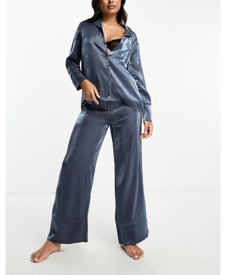 Loungeable satin revere top and pants pyjama set in steel blue