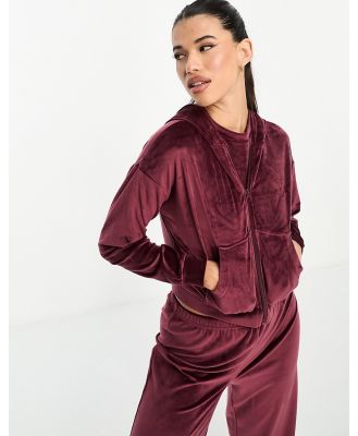 Loungeable velour zip cropped lounge hoodie in berry-Red