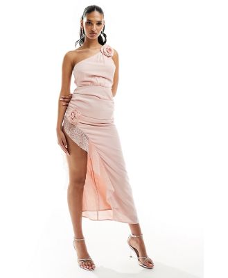 Love Triangle one shoulder midi dress with corsage in pink