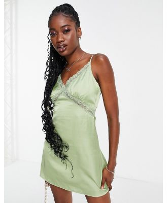 Love Triangle satin cami dress with lace trim in khaki-Green
