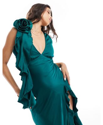 Love Triangle satin plunge maxi dress with corsage in emerald green