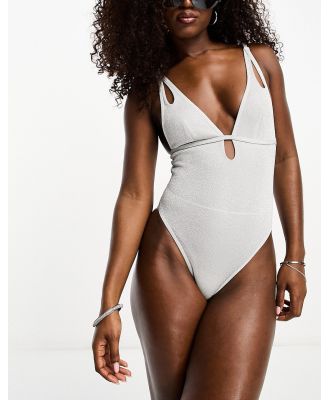 Luxe Palm glitter textured double strap swimsuit in silver
