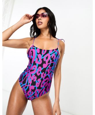 Luxe Palm skinny strap swimsuit in purple leopard print