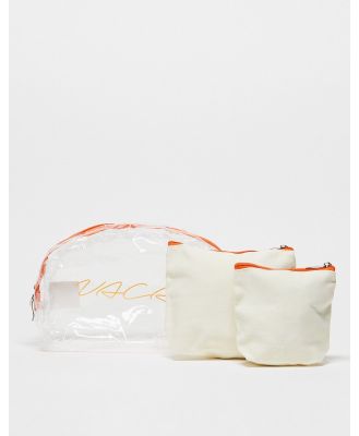 Madein. 3 pack vacay cosmetics bags in clear and orange