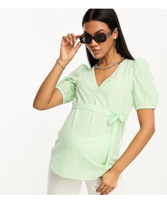 Mamalicious Maternity belted v neck seersucker top in green and white stripe-Multi