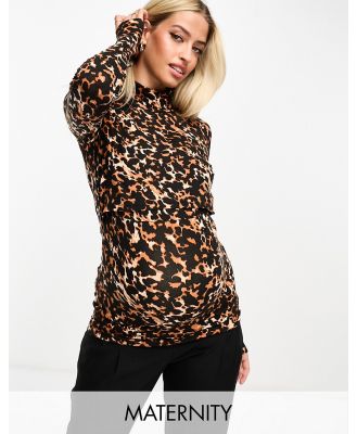 Mamalicious Maternity high neck jersey top in leopard print-Multi