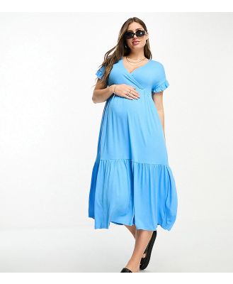Mamalicious Maternity nursing midi dress with frill sleeves in blue