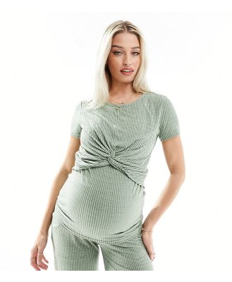 Mamalicious Maternity ribbed jersey twist front t-shirt in smoke green (part of a set)
