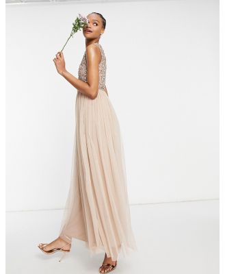 Maya Bridesmaid 2-in-1 maxi tulle dress with tonal delicate sequin in taupe blush-Pink