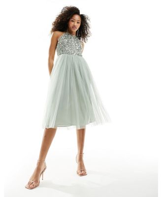 Maya Bridesmaid halterneck midi tulle dress with tonal delicate sequins in sage green