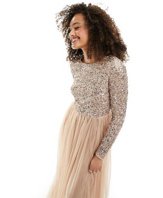 Maya Bridesmaid long-sleeved maxi tulle dress with tonal delicate sequin in muted blush-Neutral