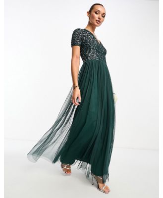 Maya Bridesmaid short sleeve maxi tulle dress with tonal delicate sequins in emerald green