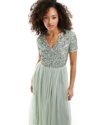 Maya Bridesmaid short sleeve maxi tulle dress with tonal delicate sequins in sage green