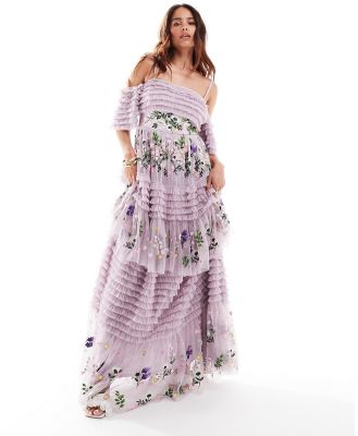 Maya micro ruffle embroidered bardot maxi dress in lilac-Purple
