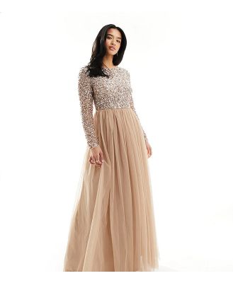 Maya Petite Bridesmaid long sleeve maxi dress with delicate sequin in muted blush-Neutral
