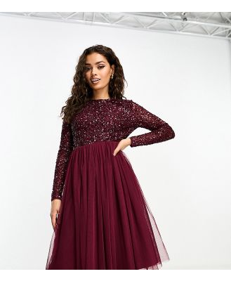 Maya Petite Bridesmaid long sleeve midi tulle dress with tonal delicate sequin in wine-Red